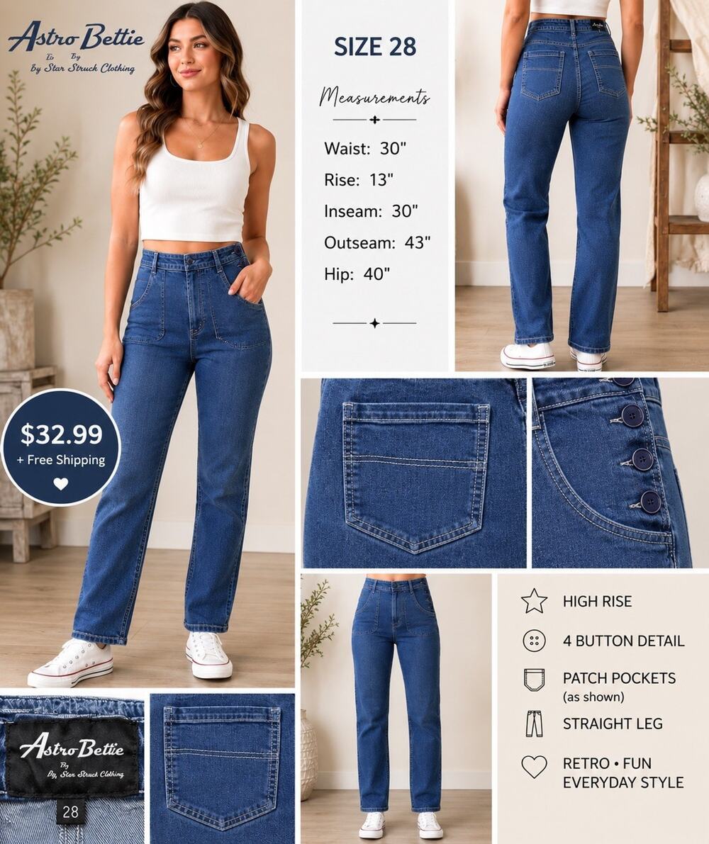 Astro Bettie Jeans Size 28 High Rise Straight Leg Blue Denim Retro Button Pocket